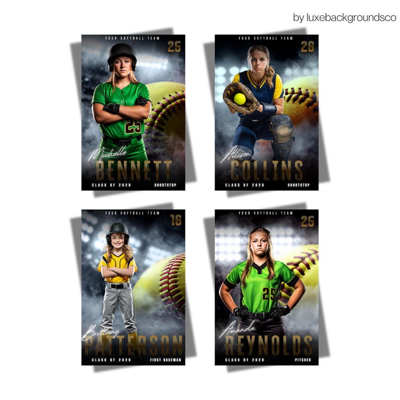 Pu&ograve; includere: Quattro poster della squadra di softball con giocatrici. Ogni poster include il nome, la posizione e la classe del 2020. I poster hanno uno sfondo scuro con una palla da softball e luci dello stadio.