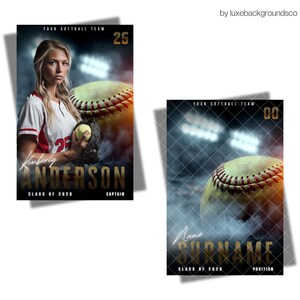 Pu&ograve; includere: Poster della squadra di softball con una giocatrice in uniforme rossa e bianca che tiene una palla e un guanto da softball. Il poster include il testo "Kimberly ANDERSON, CLASS OF 2028, CAPTAIN" e il numero 25. Un secondo poster mostra una palla da softball e il testo "Name SURNAME, CLASS OF 2028, POSITION".