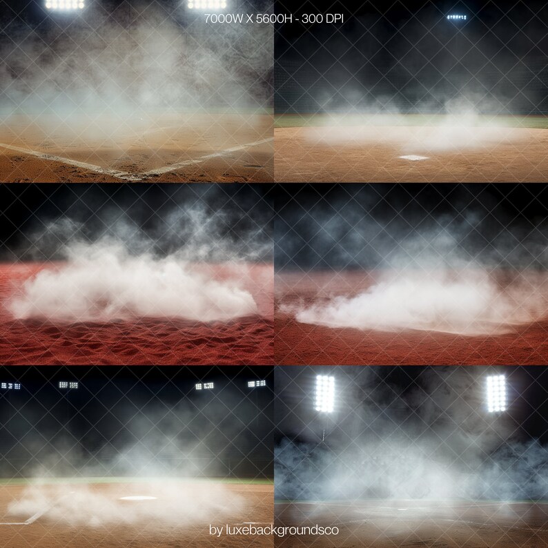 Pode incluir: Quatro imagens diferentes de um campo de beisebol com fuma&ccedil;a ou nevoeiro no ar. O campo &eacute; iluminado por luzes de est&aacute;dio. As imagens s&atilde;o cortadas para mostrar diferentes &acirc;ngulos do campo.