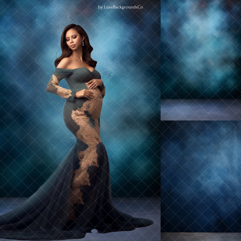 May include: A pregnant person wearing a teal and gold mermaid-style gown with lace detailing, standing against a blue and green textured backdrop. The background has a soft, hazy effect.