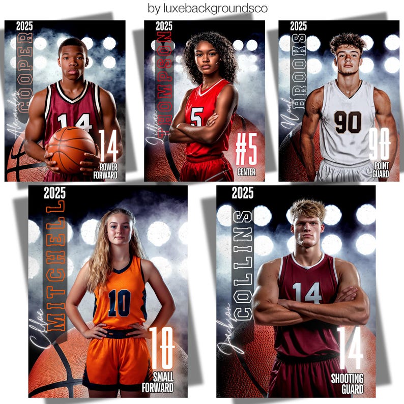 May include: Four basketball player portraits with their names, numbers, and positions. The players are wearing their team uniforms and are posed against a dark background with spotlights. The text includes the year 2025.