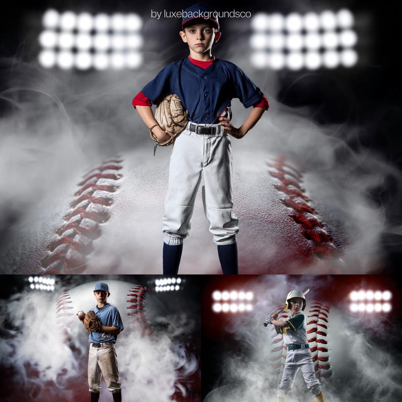 Peut inclure: Un jeune joueur de baseball en uniforme bleu marine avec des accents rouges, un pantalon blanc et un gant de baseball pose avec assurance. L'arri&egrave;re-plan pr&eacute;sente un grand design de baseball avec des coutures rouges, des projecteurs et un effet de fum&eacute;e.