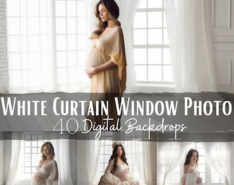 Fondo fotográfico con ventana y cortina blanca: Fotografía de maternidad (Descarga digital)