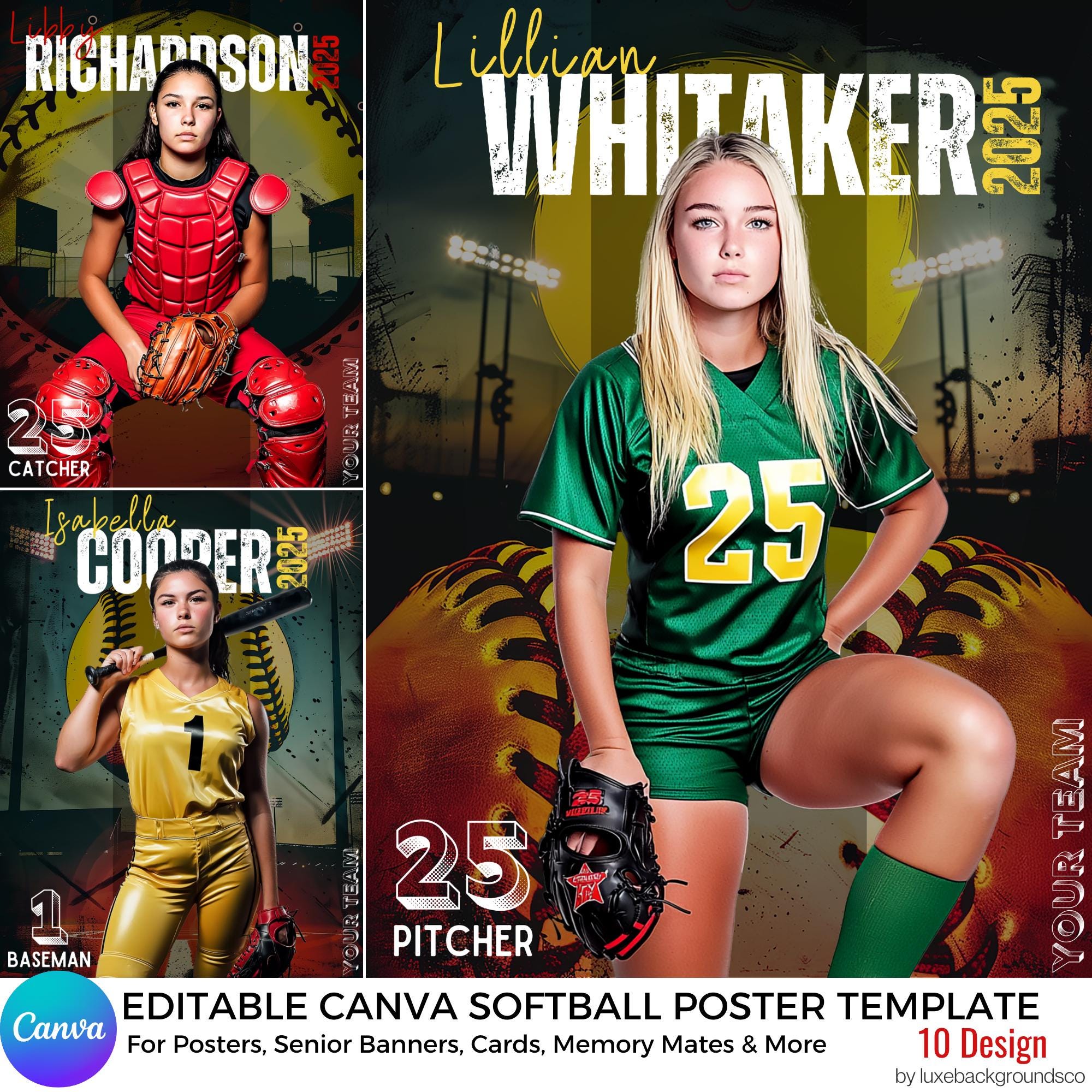 Custom Softball Poster Template - Editable Canva Design, Personalized Gift for Players & Teams, 10 Unique Designs, Softball Sport Background