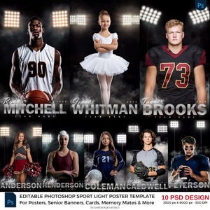May include: A digital Photoshop template for sports posters featuring eight individual athlete portraits against a dark, smoky background with stadium lights. The layout includes placeholders for names, team names, and the year 2024 in a metallic font.