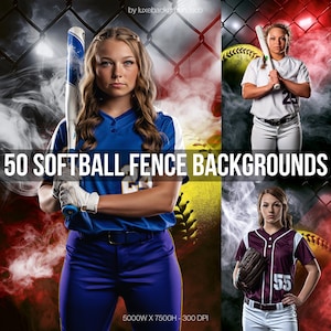 May include: A promotional image featuring three softball players in uniform against a backdrop of a chain-link fence and smoke. The text "50 SOFTBALL FENCE BACKGROUNDS" is prominently displayed. The image is designed for digital backgrounds.