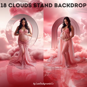 Puede incluir: Fondo rosa para sesión de fotos de maternidad con el texto "18 CLOUDS STAND BACKDROP" en la parte superior. El fondo presenta a una mujer con un vestido rosa, de pie frente a un fondo de nubes rosas. Diseñado para sesiones de fotos de maternidad.