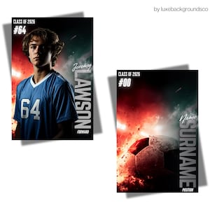 May include: Two sports-themed posters. The first shows a person in a blue jersey with the number 64, the text "Jeremy Lawson, Forward," and "Class of 2026." The second poster features a soccer ball with the text "Class of 2026," "Name, Surname, Position," and the number "00."