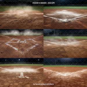 Pode incluir: Um campo de beisebol &agrave; noite com linhas brancas e um infield de terra. O campo &eacute; iluminado por luzes de est&aacute;dio e h&aacute; uma nuvem de poeira no ar.