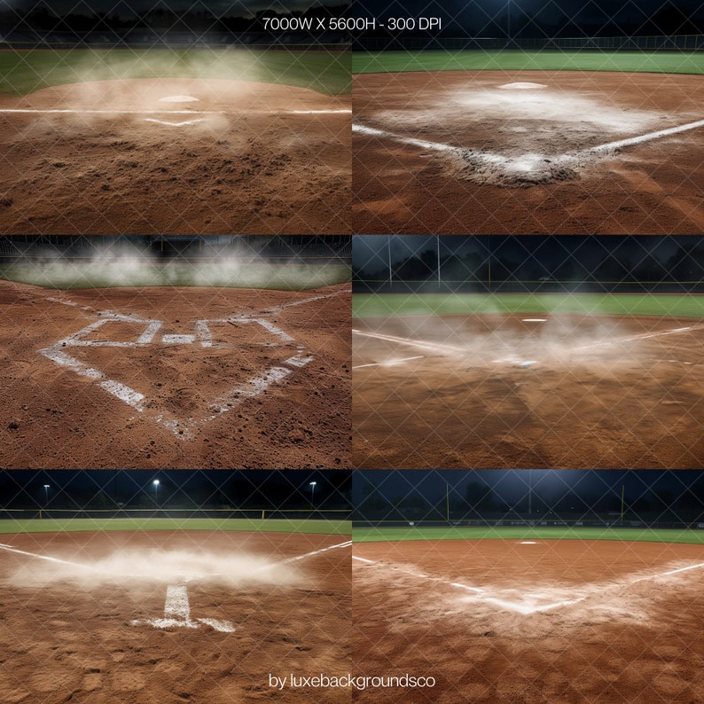 Pode incluir: Um campo de beisebol &agrave; noite com linhas brancas e um infield de terra. O campo &eacute; iluminado por luzes de est&aacute;dio e h&aacute; uma nuvem de poeira no ar.