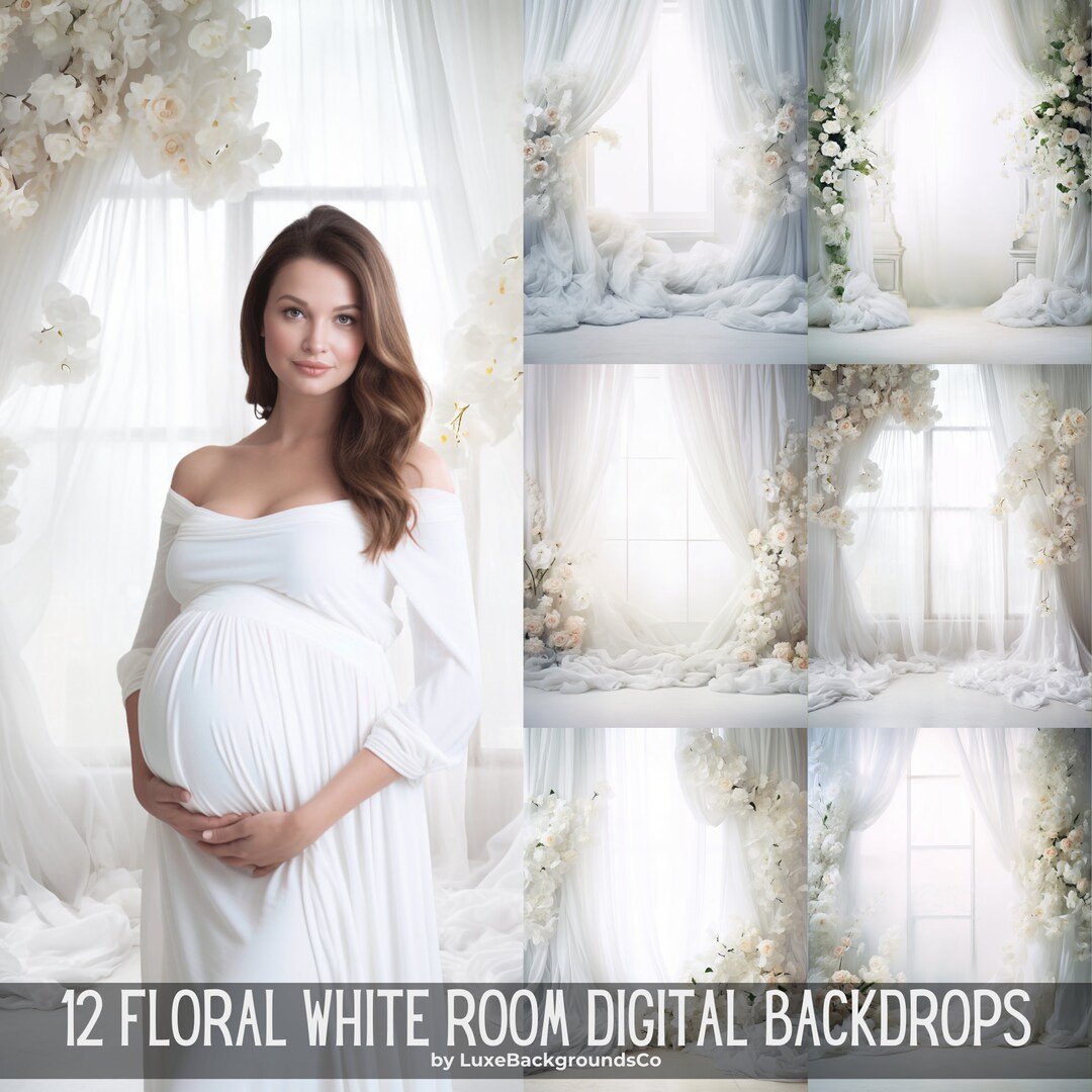 12 Floral White Room Digital Backdrops, Maternity Backdrops, Floral ...