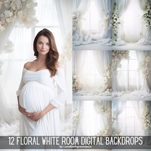 12 Floral White Room Digital Backdrops, Maternity Backdrops, Floral Backdrop, Fine Art Textures, Fabric Backdrop, Photoshop Composite