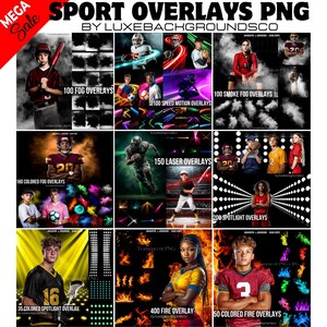 Pu&ograve; includere: Un'immagine promozionale che mostra varie sovrapposizioni PNG a tema sportivo. L'immagine presenta una griglia di grafici, tra cui effetti di nebbia, fumo, movimento di velocit&agrave;, laser, riflettore e fuoco. Il testo "SPORT OVERLAYS PNG" e "MEGA Sale" sono visibili.