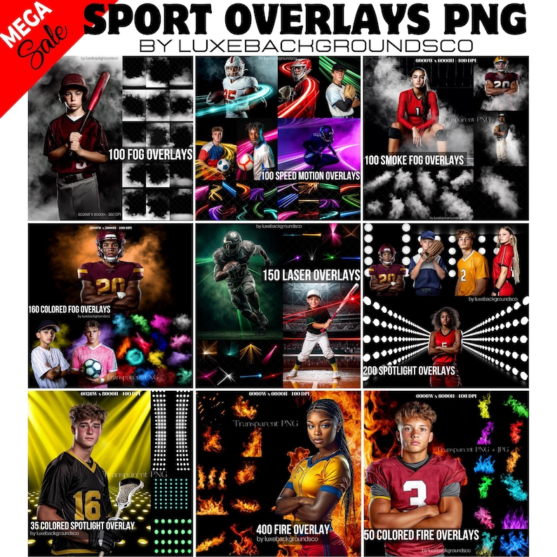 Pu&ograve; includere: Un'immagine promozionale che mostra varie sovrapposizioni PNG a tema sportivo. L'immagine presenta una griglia di grafici, tra cui effetti di nebbia, fumo, movimento di velocit&agrave;, laser, riflettore e fuoco. Il testo "SPORT OVERLAYS PNG" e "MEGA Sale" sono visibili.