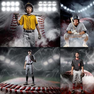 Peut inclure: Image composite de quatre joueurs de baseball en poses dynamiques. Les joueurs portent des uniformes de baseball sur fond de ballon de baseball et de projecteurs. L'image a un effet dramatique et enfum&eacute;.