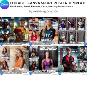 May include: A set of 6 editable Canva sport poster templates for football, volleyball, baseball, cheer, swim, and soccer. Each template features a different sport with a player in action and a customizable design with space for text and photos.
