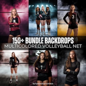 May include: A promotional image featuring multiple volleyball-themed backdrops. The image showcases young women in volleyball uniforms, with a net in the background. Text overlay reads "150+ Bundle Backdrops" and "Multicolored Volleyball Net".