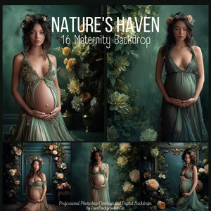 May include: A set of 16 digital maternity backdrop images featuring a green and floral theme. The backdrops feature a variety of floral arrangements, including roses, peonies, and greenery. The backdrops are perfect for maternity photoshoots.