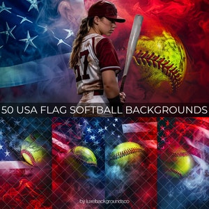 May include: A softball player in a red and white uniform holds a bat in front of a red, white, and blue American flag background with smoke effects. The background includes a softball with stitching.