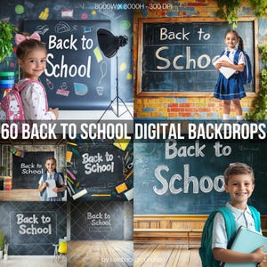 Könnte beinhalten: Ein Set mit 60 digitalen Hintergründen mit Kreidetafel-Hintergründen und dem Text "Back to School" in weißer Kreide. Die Hintergründe sind perfekt, um lustige und festliche Fotos zum Schulanfang zu erstellen.