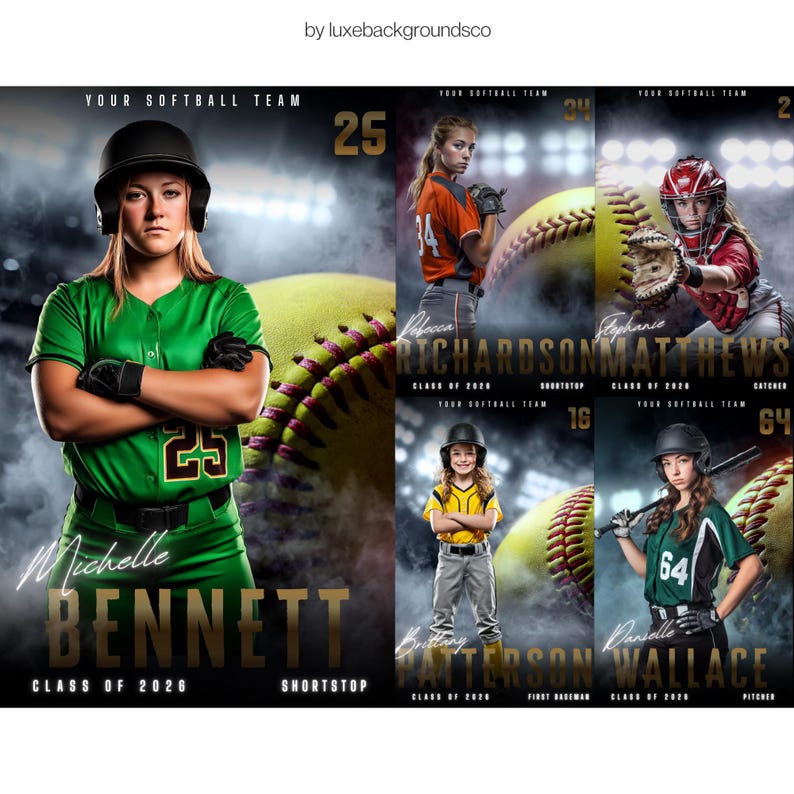 Pu&ograve; includere: Un'immagine composita con giocatrici di softball in azione. Ogni giocatrice indossa una divisa e un casco, con una palla da softball sullo sfondo. L'immagine include testo con nomi, posizioni e informazioni sulla squadra.