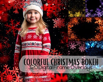 320 Colorful Christmas Bokeh Frame Overlay for Photographer, Festive Light Border PNG, Holiday Sparkle Frame, Glowing Christmas Photo Effect
