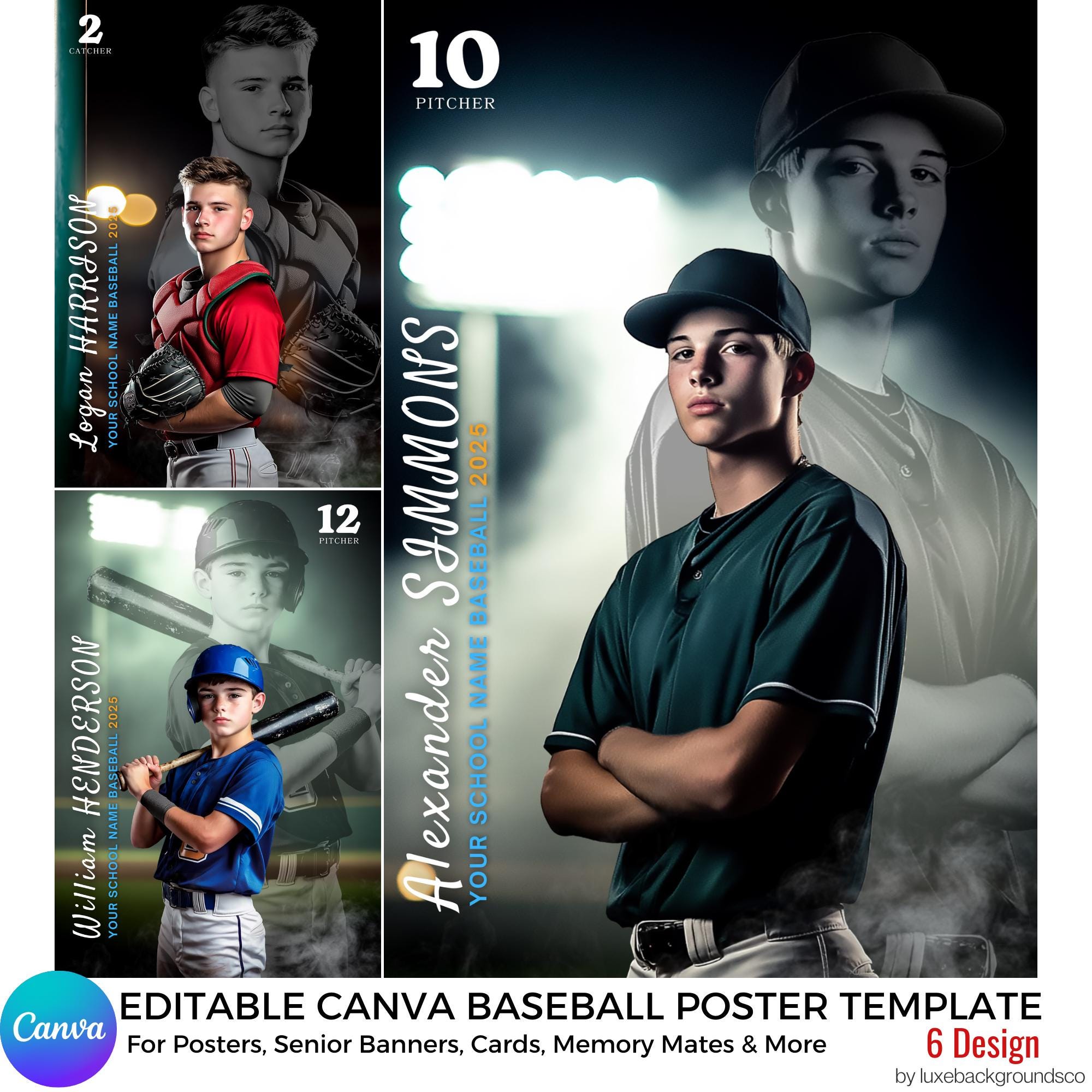 Modelos de pôsteres personalizados de beisebol no Canva – Banners para festas de formatura, cartões personalizados e cenários de beisebol, designs de times digitais, planos de fundo esportivos