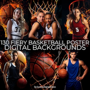 130 Fiery Basketball Poster Background, Senior Photoshoot, Sport Portrait Backdrops, Professional Photoshop Template for Basketball Player