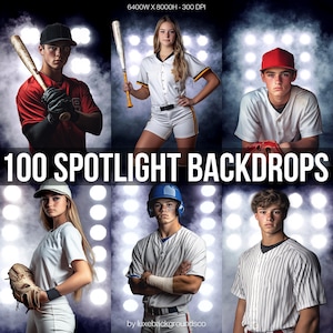 May include: Four baseball players posed against a backdrop of white spotlights and smoke. The background is dark gray.  The text "100 SPOTLIGHT BACKDROPS" is at the top of the image. The text "by luxebackgrounds.co" is at the bottom of the image.