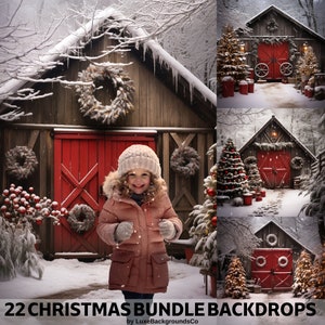 May include: A winter scene with a red barn door, a snowy landscape, and a young girl wearing a pink coat and a white hat. The barn is decorated with wreaths and Christmas lights. The image is a digital backdrop for photography.