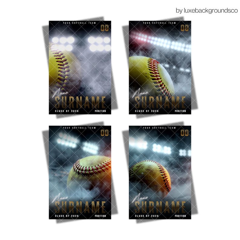 Pu&ograve; includere: Quattro grafiche per squadre di softball con una palla gialla in primo piano. Ogni grafica include il testo "YOUR SOFTBALL TEAM", "00", "Name", "SURNAME", "CLASS OF 2024" e "POSITION". Lo sfondo presenta luci dello stadio e un effetto fumoso.