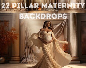 Puede incluir: Una mujer embarazada con un vestido blanco fluido se encuentra en una habitación con columnas y telas drapeadas. La habitación está iluminada por una luz suave y cálida. La imagen se titula "22 Pillar Maternity Backdrops" de LuxeBackgroundsCo.