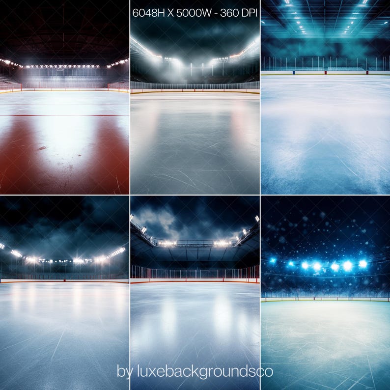 Pode incluir: Uma imagem de fundo digital de uma pista de gelo vazia com ilumina&ccedil;&atilde;o azul e branca. A pista &eacute; cercada por uma parede preta com uma cerca de metal. A imagem tem 6048 pixels de altura e 5000 pixels de largura, com uma resolu&ccedil;&atilde;o de 360 DPI.