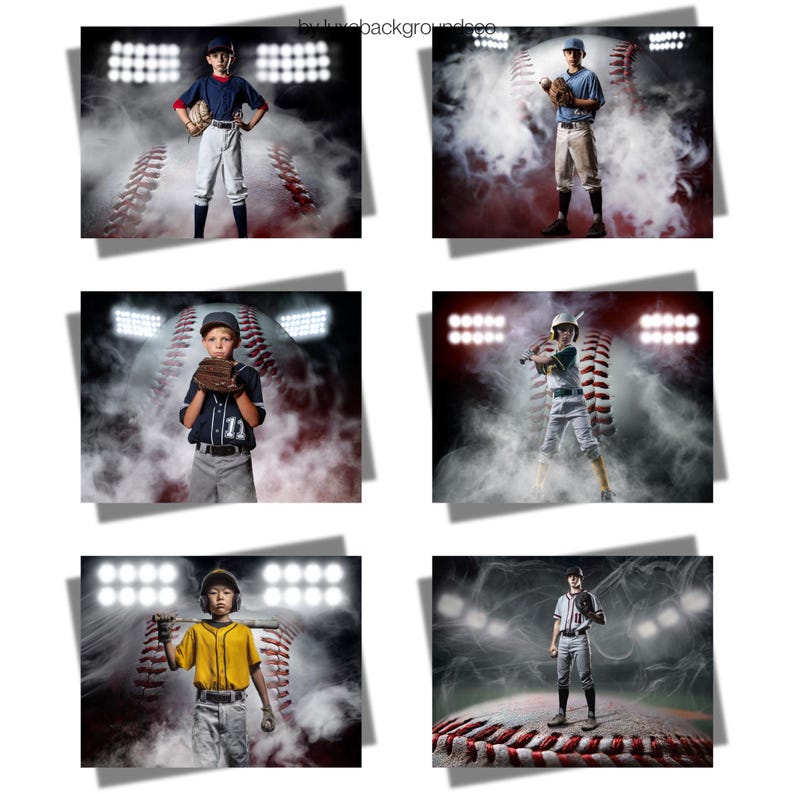 Peut inclure: Six images de jeunes joueurs de baseball dans diverses poses, sur fond de baseball et de lumi&egrave;res de stade. Chaque joueur porte un uniforme de baseball et tient un gant, une batte ou une balle. L'arri&egrave;re-plan pr&eacute;sente un effet enfum&eacute;.