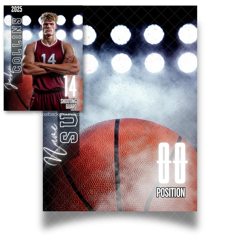 May include: A basketball player's sports graphic with a basketball in the background. The player is wearing a red and white jersey with the number 14 on it. The text "2025" and "COLLINS" are at the top of the graphic. The text "SHOOTING GUARD" is below the player's number. The text "NAME" and "SU" are on the left side of the basketball. The text "POSITION" is below the basketball.