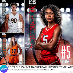May include: Editable basketball poster template featuring a red, white and blue colour scheme. The template showcases a basketball player wearing a red jersey with the number 5 on the front and the word "CENTER" beneath it. The template also includes the player's name, "Lillian Thompson", and the year, "2025".