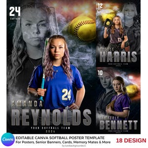 Puede incluir: Una plantilla de póster de softbol con tres jugadoras. Amanda Reynolds, con una camiseta azul con el número 24, sostiene un bate. También aparecen Nicole Harris, número 12, y Kimberly Bennett, número 10. El póster incluye el texto "Your Softball Team 2026."