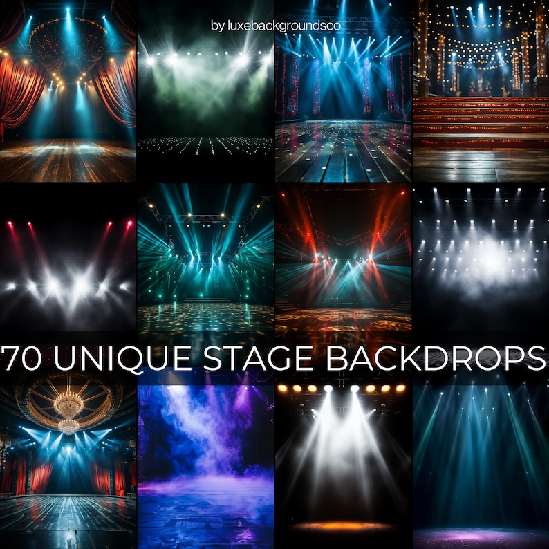 May include: A collection of 70 unique stage backdrops featuring various lighting effects and colors, including blue, red, green, and white. The backdrops are perfect for creating a dramatic and exciting atmosphere for any event.