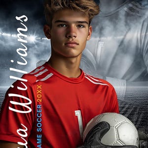 Puede incluir: Banner de f&uacute;tbol con un joven en camiseta roja sosteniendo un bal&oacute;n y usando guantes de portero. El texto "#1 GOALKEEPER" est&aacute; en la parte superior, con el nombre "Joshua Williams" y "YOUR SCHOOL NAME SOCCER 20XX" en el lateral.