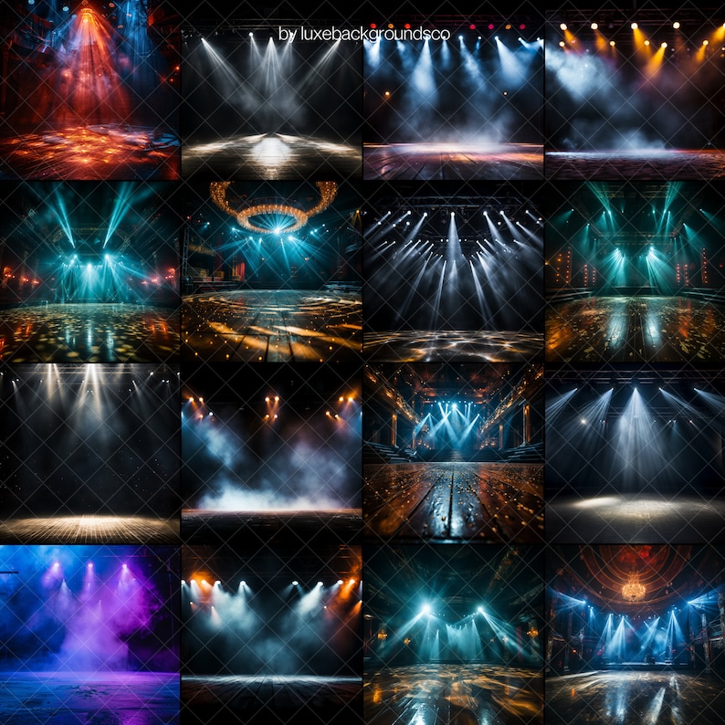 May include: A collection of 16 digital backgrounds featuring various stage lighting setups with spotlights, smoke, and different colored lights. The backgrounds are perfect for adding a dramatic and professional look to your photos and videos.