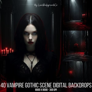 May include: A collection of 40 digital backdrops featuring a gothic vampire scene. The backdrops are 8000 x 8000 pixels and 300 DPI. The image shows a dark, mysterious room with red candles and a woman in a black dress.