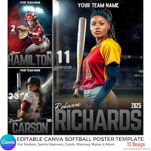 Cartazes de softball e modelo de banner Canva, banners editáveis para a noite de formatura, plano de fundo esportivo digital para presentes de formandos do ensino médio, cartão de memória