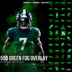 May include: 550 green fog overlays for digital design.  The overlays are transparent PNG files.  The image shows a football player wearing a green jersey with the number 7 on it.  The player is standing in front of a green fog background.