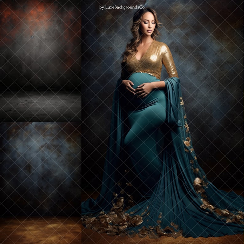 May include: A pregnant woman wearing a teal gown with gold sequins and a matching long, flowing cape. The gown is fitted and hugs her figure, with the cape flowing behind her. The background is a dark, textured wall.