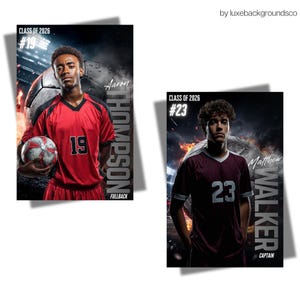May include: Two soccer team posters. The first shows a player in a red jersey with the number 19, the name Aaron Thompson, and the text "Fullback." The second poster features a player in a maroon jersey with the number 23, the name Matthew Walker, and the text "Captain."