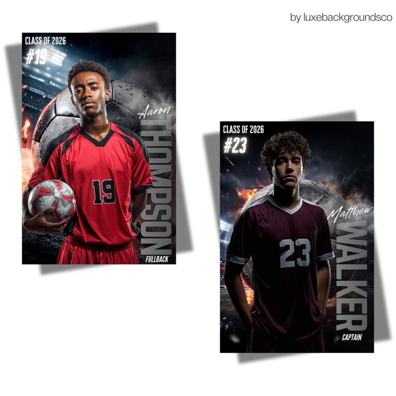 May include: Two soccer team posters. The first shows a player in a red jersey with the number 19, the name Aaron Thompson, and the text "Fullback." The second poster features a player in a maroon jersey with the number 23, the name Matthew Walker, and the text "Captain."