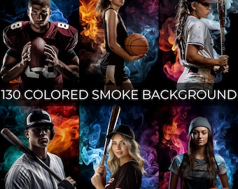 May include: A collage of six images featuring athletes in various sports poses against colorful smoke backgrounds. The images include a football player, a basketball player, a softball player, a baseball player, and two athletes holding bats.