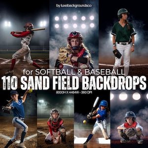 May include: Ten digital backdrops for softball and baseball photography. The backdrops feature a sand field with a dirt infield, a green outfield, and a night sky with stadium lights. The backdrops are 8000 pixels wide by 4484 pixels high and have a resolution of 360 DPI.