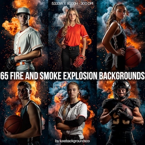 May include: A collage of six images featuring athletes in various sports poses against a backdrop of fiery orange and blue smoke explosions. The text "65 FIRE AND SMOKE EXPLOSION BACKGROUNDS" is displayed in the centre of the collage.