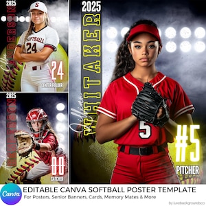 Könnte beinhalten: Editierbare Canva Softball-Poster-Vorlage für Poster, Abschlussbanner, Karten, Erinnerungsgeschenke und mehr. Die Vorlage zeigt eine Softballspielerin in einem rot-weißen Trikot mit einem schwarzen Handschuh, einem gelben Softball und dem Text "#5 Pitcher".